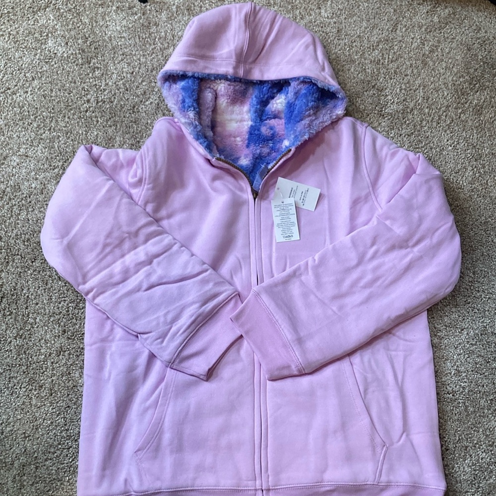 Lands' End Pink and Blue Hoodie Sweatshirt REVERSIBLE NWT Girls XL Womens Small - Picture 1 of 5